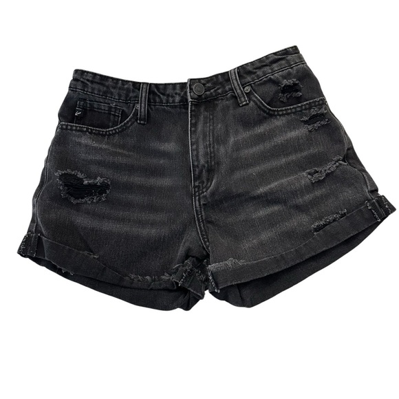 KanCan Women’s High Rise Black Washed Distressed Denim Jean Shorts Sz M GUC - Picture 1 of 9